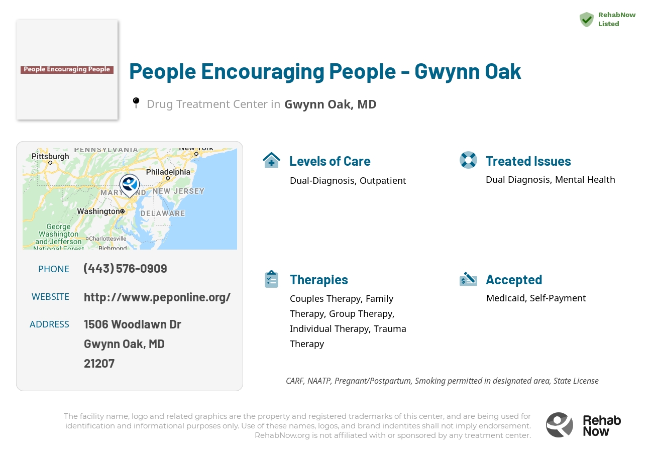 Helpful reference information for People Encouraging People - Gwynn Oak, a drug treatment center in Maryland located at: 1506 Woodlawn Dr, Gwynn Oak, MD 21207, including phone numbers, official website, and more. Listed briefly is an overview of Levels of Care, Therapies Offered, Issues Treated, and accepted forms of Payment Methods.
