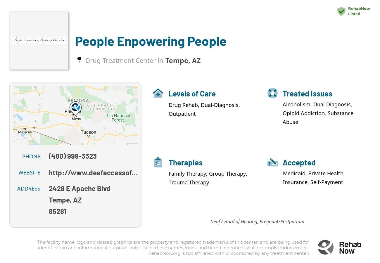 Helpful reference information for People Enpowering People, a drug treatment center in Arizona located at: 2428 E Apache Blvd, Tempe, AZ 85281, including phone numbers, official website, and more. Listed briefly is an overview of Levels of Care, Therapies Offered, Issues Treated, and accepted forms of Payment Methods.
