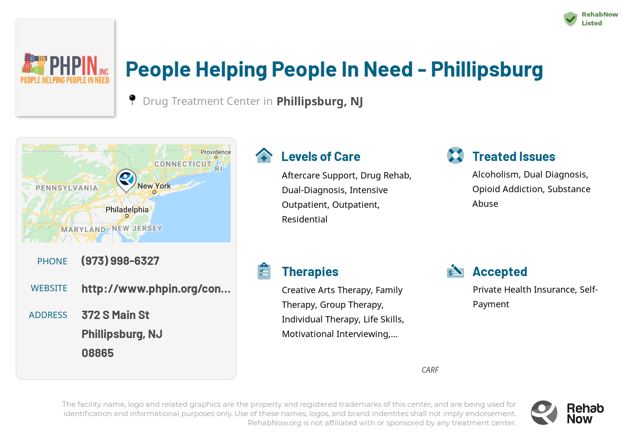 Helpful reference information for People Helping People In Need - Phillipsburg, a drug treatment center in New Jersey located at: 372 S Main St, Phillipsburg, NJ 08865, including phone numbers, official website, and more. Listed briefly is an overview of Levels of Care, Therapies Offered, Issues Treated, and accepted forms of Payment Methods.