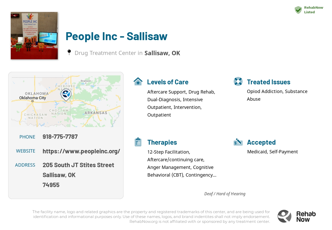 Helpful reference information for People Inc - Sallisaw, a drug treatment center in Oklahoma located at: 205 South JT Stites Street, Sallisaw, OK 74955, including phone numbers, official website, and more. Listed briefly is an overview of Levels of Care, Therapies Offered, Issues Treated, and accepted forms of Payment Methods.