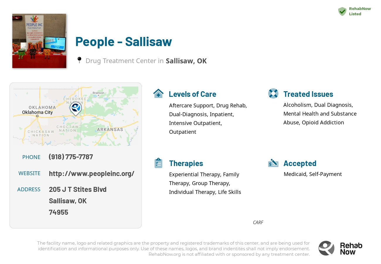 Helpful reference information for People - Sallisaw, a drug treatment center in Oklahoma located at: 205 J T Stites Blvd, Sallisaw, OK 74955, including phone numbers, official website, and more. Listed briefly is an overview of Levels of Care, Therapies Offered, Issues Treated, and accepted forms of Payment Methods.