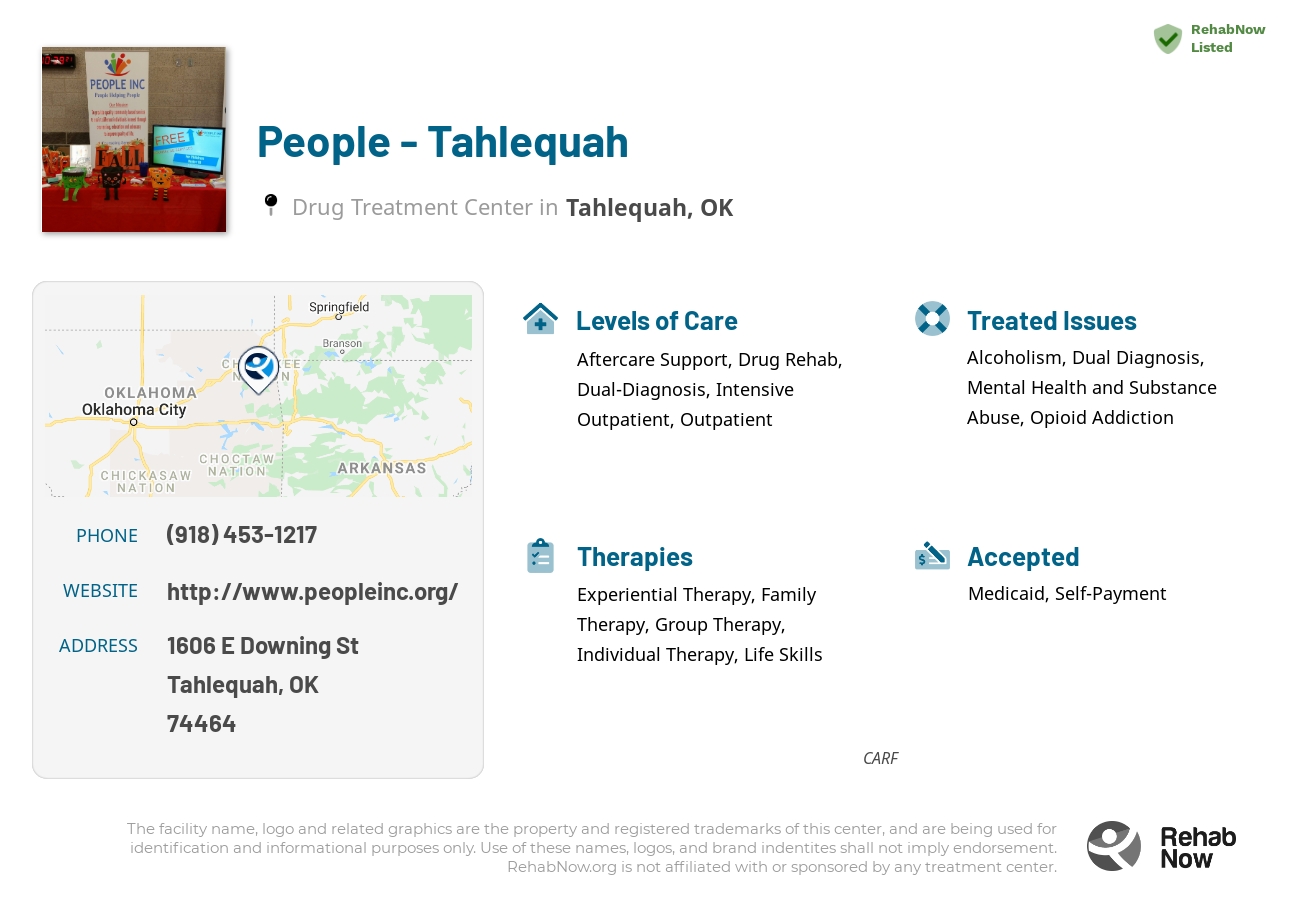 Helpful reference information for People - Tahlequah, a drug treatment center in Oklahoma located at: 1606 E Downing St, Tahlequah, OK 74464, including phone numbers, official website, and more. Listed briefly is an overview of Levels of Care, Therapies Offered, Issues Treated, and accepted forms of Payment Methods.