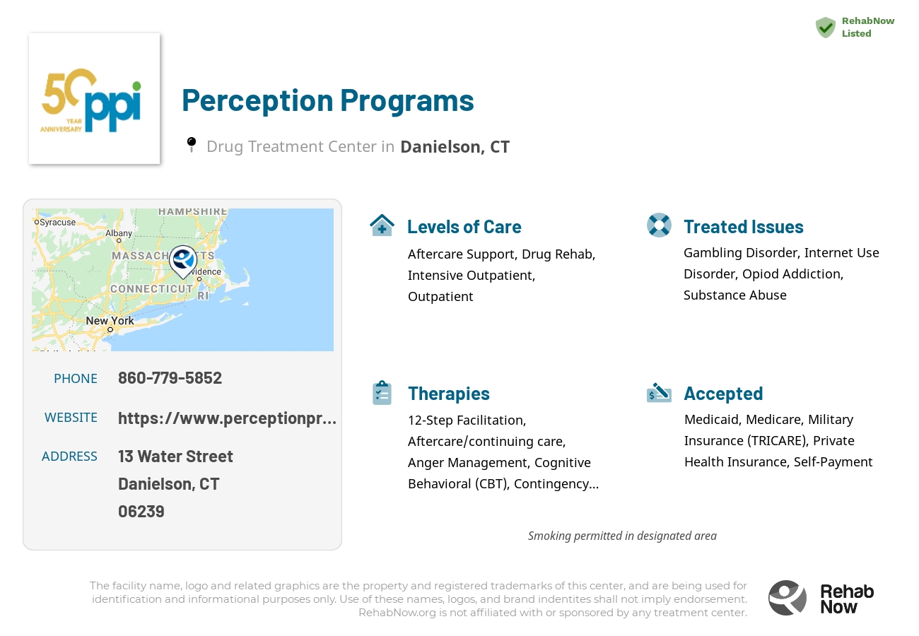 Helpful reference information for Perception Programs, a drug treatment center in Connecticut located at: 13 Water Street, Danielson, CT 06239, including phone numbers, official website, and more. Listed briefly is an overview of Levels of Care, Therapies Offered, Issues Treated, and accepted forms of Payment Methods.