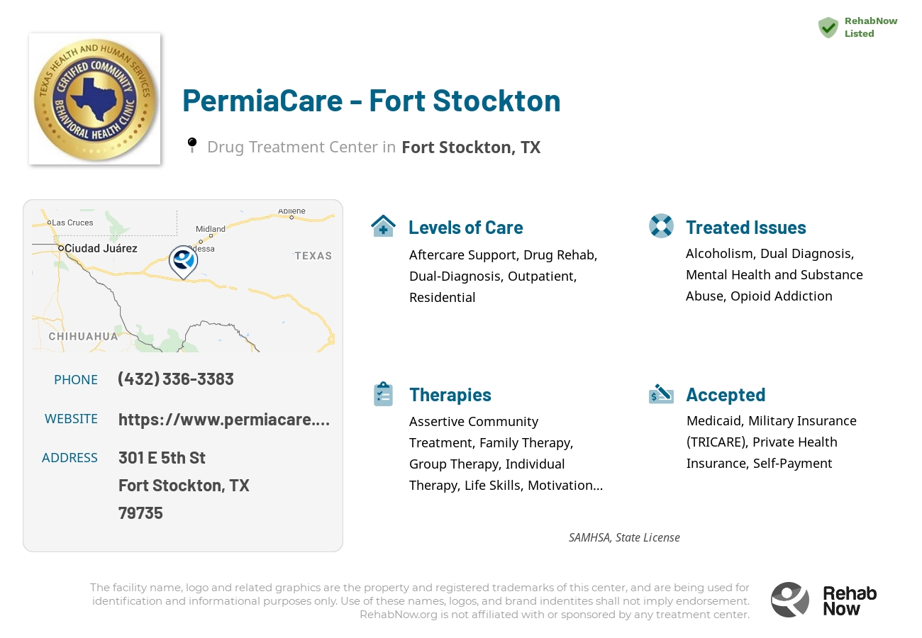 Helpful reference information for PermiaCare - Fort Stockton, a drug treatment center in Texas located at: 301 E 5th St, Fort Stockton, TX 79735, including phone numbers, official website, and more. Listed briefly is an overview of Levels of Care, Therapies Offered, Issues Treated, and accepted forms of Payment Methods.