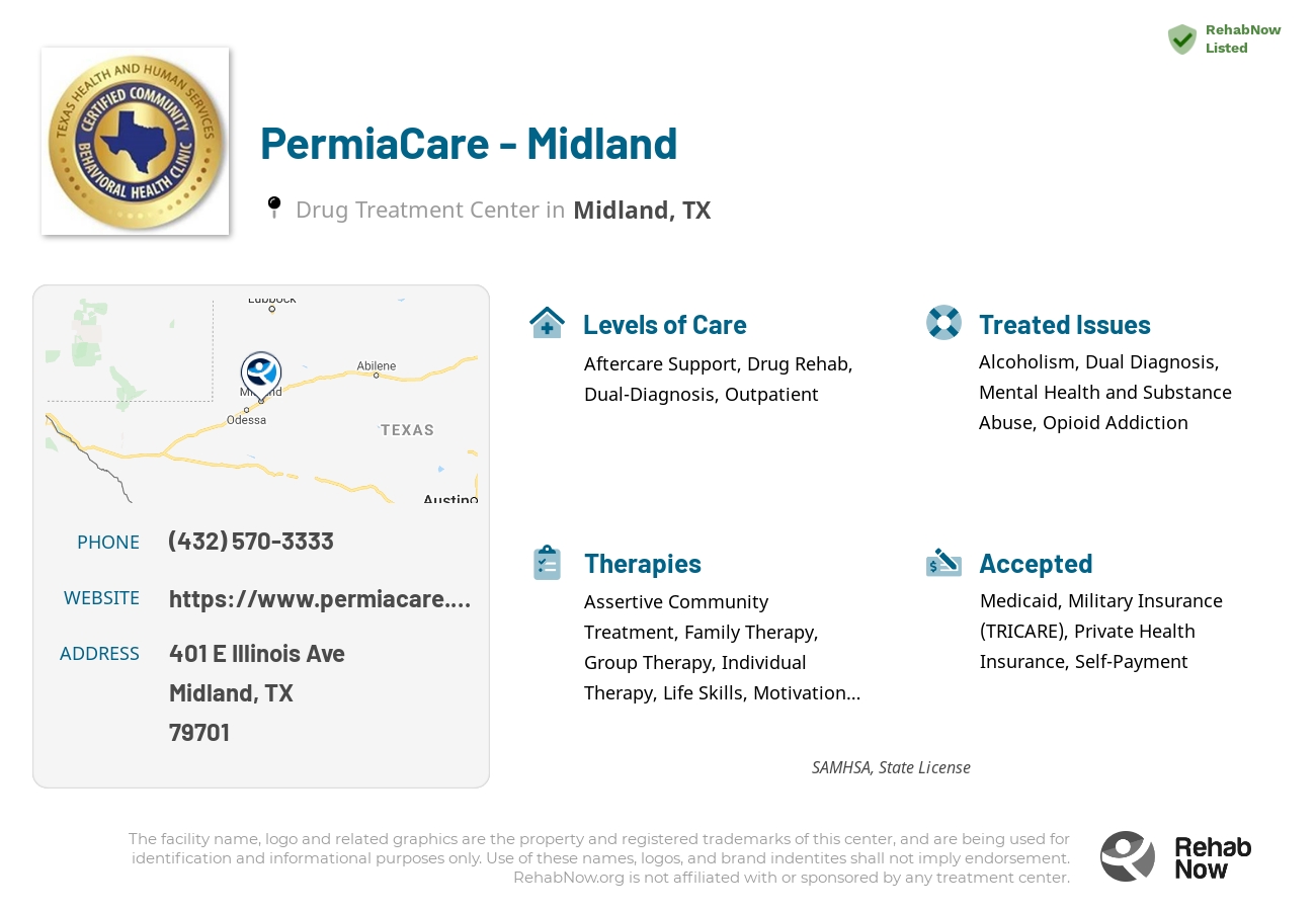 Helpful reference information for PermiaCare - Midland, a drug treatment center in Texas located at: 401 E Illinois Ave, Midland, TX 79701, including phone numbers, official website, and more. Listed briefly is an overview of Levels of Care, Therapies Offered, Issues Treated, and accepted forms of Payment Methods.