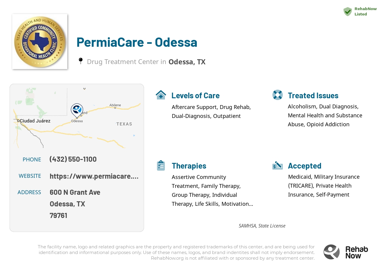 Helpful reference information for PermiaCare - Odessa, a drug treatment center in Texas located at: 600 N Grant Ave, Odessa, TX 79761, including phone numbers, official website, and more. Listed briefly is an overview of Levels of Care, Therapies Offered, Issues Treated, and accepted forms of Payment Methods.
