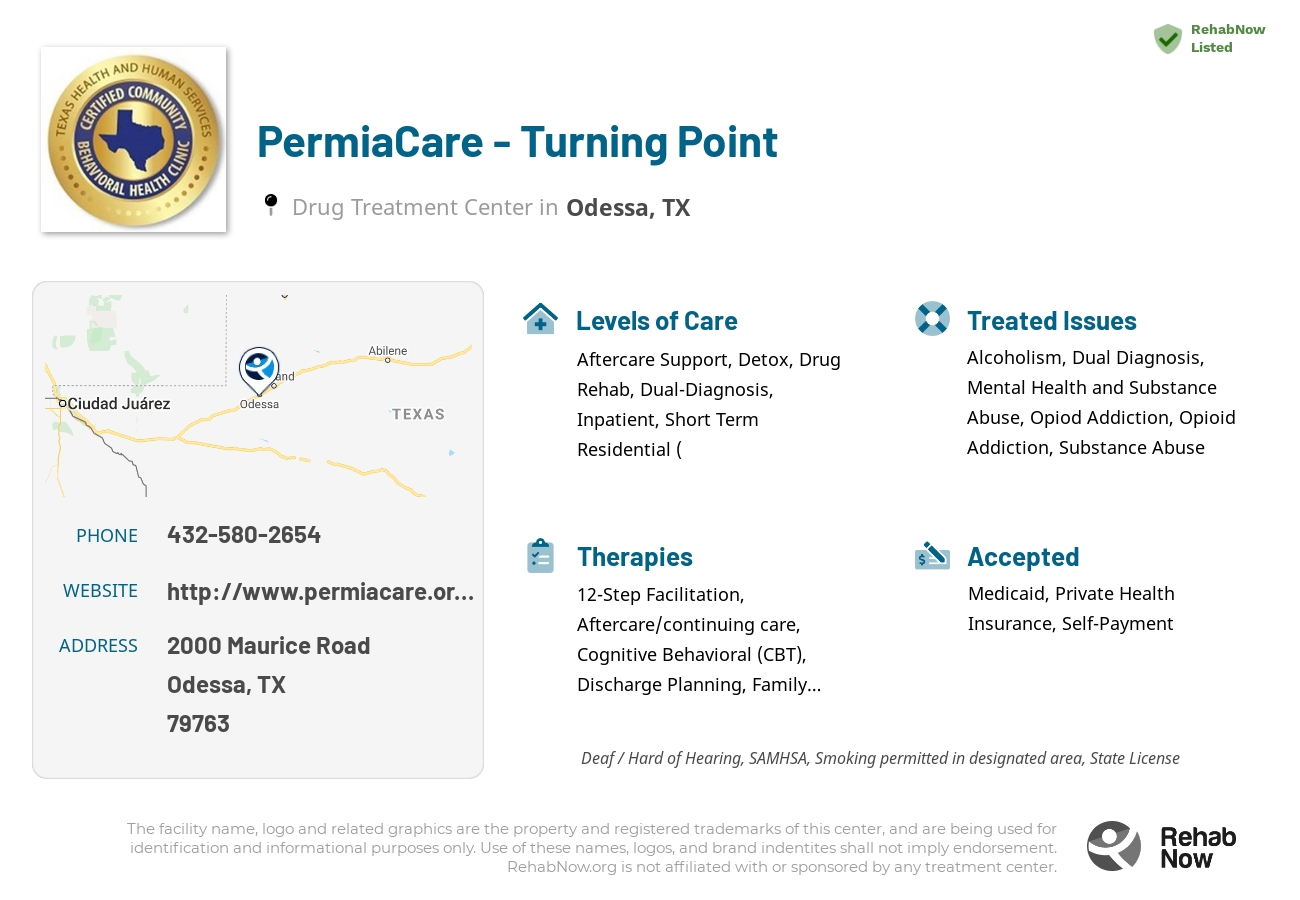 Helpful reference information for PermiaCare - Turning Point, a drug treatment center in Texas located at: 2000 Maurice Road, Odessa, TX, 79763, including phone numbers, official website, and more. Listed briefly is an overview of Levels of Care, Therapies Offered, Issues Treated, and accepted forms of Payment Methods.