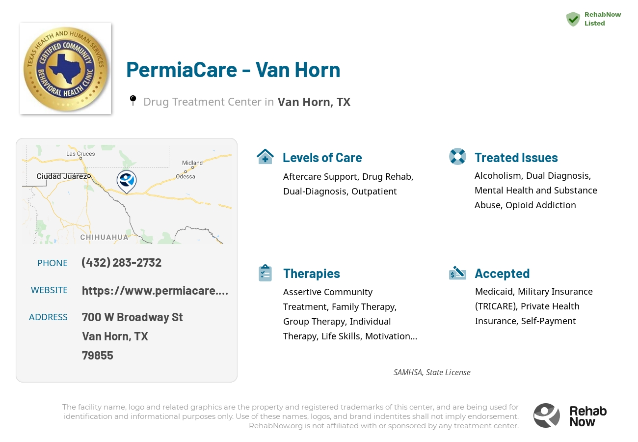 Helpful reference information for PermiaCare - Van Horn, a drug treatment center in Texas located at: 700 W Broadway St, Van Horn, TX 79855, including phone numbers, official website, and more. Listed briefly is an overview of Levels of Care, Therapies Offered, Issues Treated, and accepted forms of Payment Methods.