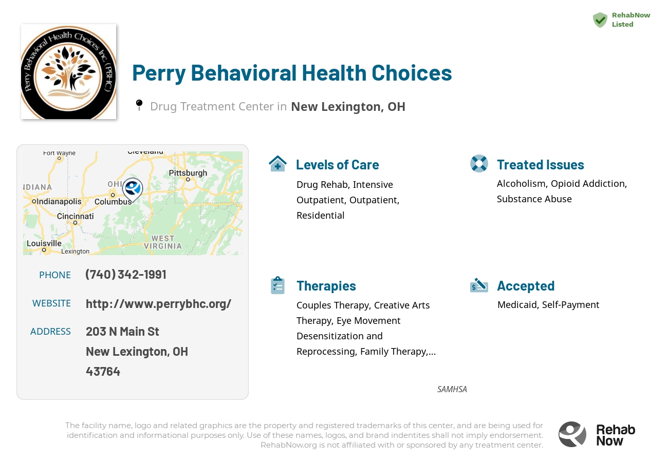 Helpful reference information for Perry Behavioral Health Choices, a drug treatment center in Ohio located at: 203 N Main St, New Lexington, OH 43764, including phone numbers, official website, and more. Listed briefly is an overview of Levels of Care, Therapies Offered, Issues Treated, and accepted forms of Payment Methods.