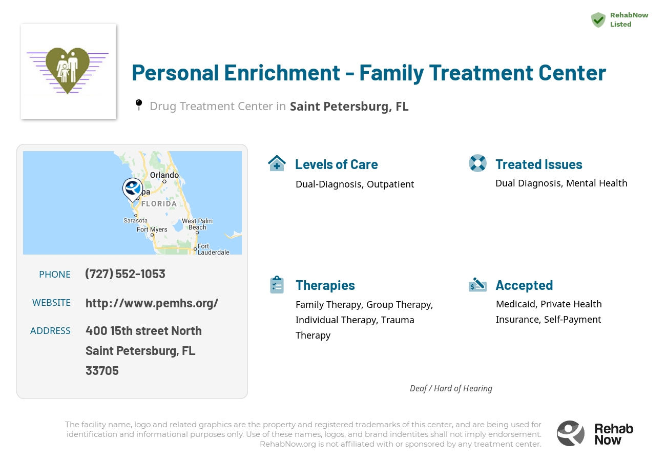Helpful reference information for Personal Enrichment - Family Treatment Center, a drug treatment center in Florida located at: 400 15th street North, Saint Petersburg, FL, 33705, including phone numbers, official website, and more. Listed briefly is an overview of Levels of Care, Therapies Offered, Issues Treated, and accepted forms of Payment Methods.
