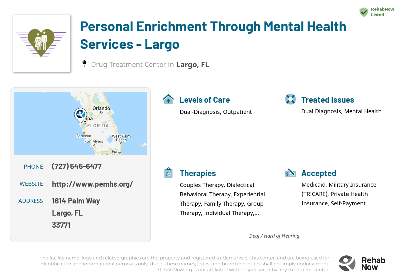 Helpful reference information for Personal Enrichment Through Mental Health Services - Largo, a drug treatment center in Florida located at: 1614 Palm Way, Largo, FL, 33771, including phone numbers, official website, and more. Listed briefly is an overview of Levels of Care, Therapies Offered, Issues Treated, and accepted forms of Payment Methods.
