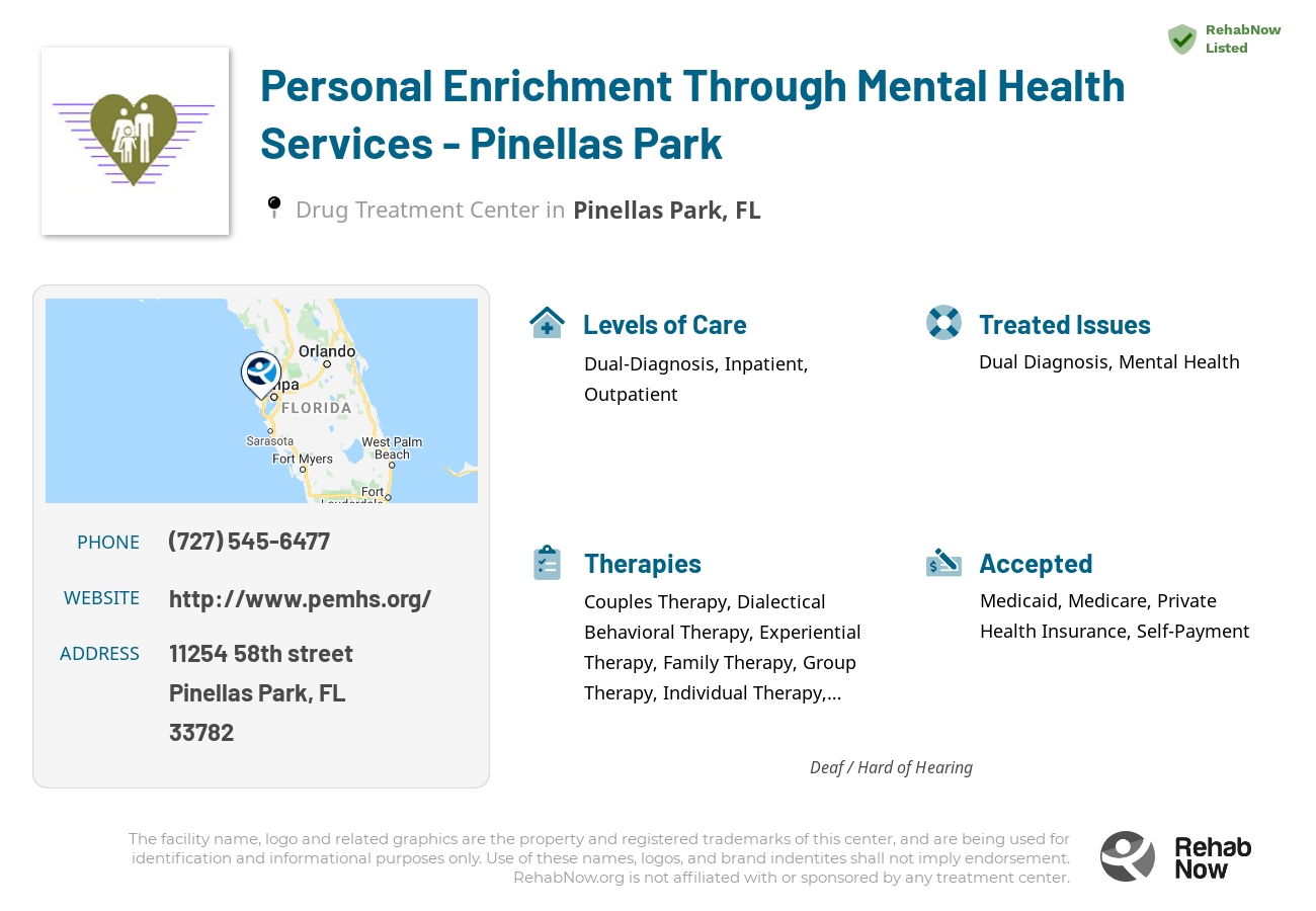 Helpful reference information for Personal Enrichment Through Mental Health Services - Pinellas Park, a drug treatment center in Florida located at: 11254 58th street, Pinellas Park, FL, 33782, including phone numbers, official website, and more. Listed briefly is an overview of Levels of Care, Therapies Offered, Issues Treated, and accepted forms of Payment Methods.