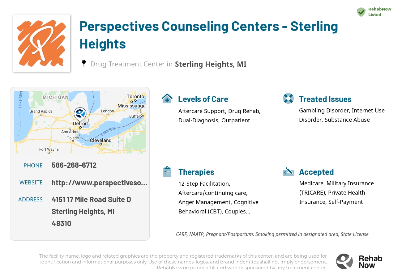 Helpful reference information for Perspectives Counseling Centers - Sterling Heights, a drug treatment center in Michigan located at: 4151 17 Mile Road Suite D, Sterling Heights, MI 48310, including phone numbers, official website, and more. Listed briefly is an overview of Levels of Care, Therapies Offered, Issues Treated, and accepted forms of Payment Methods.