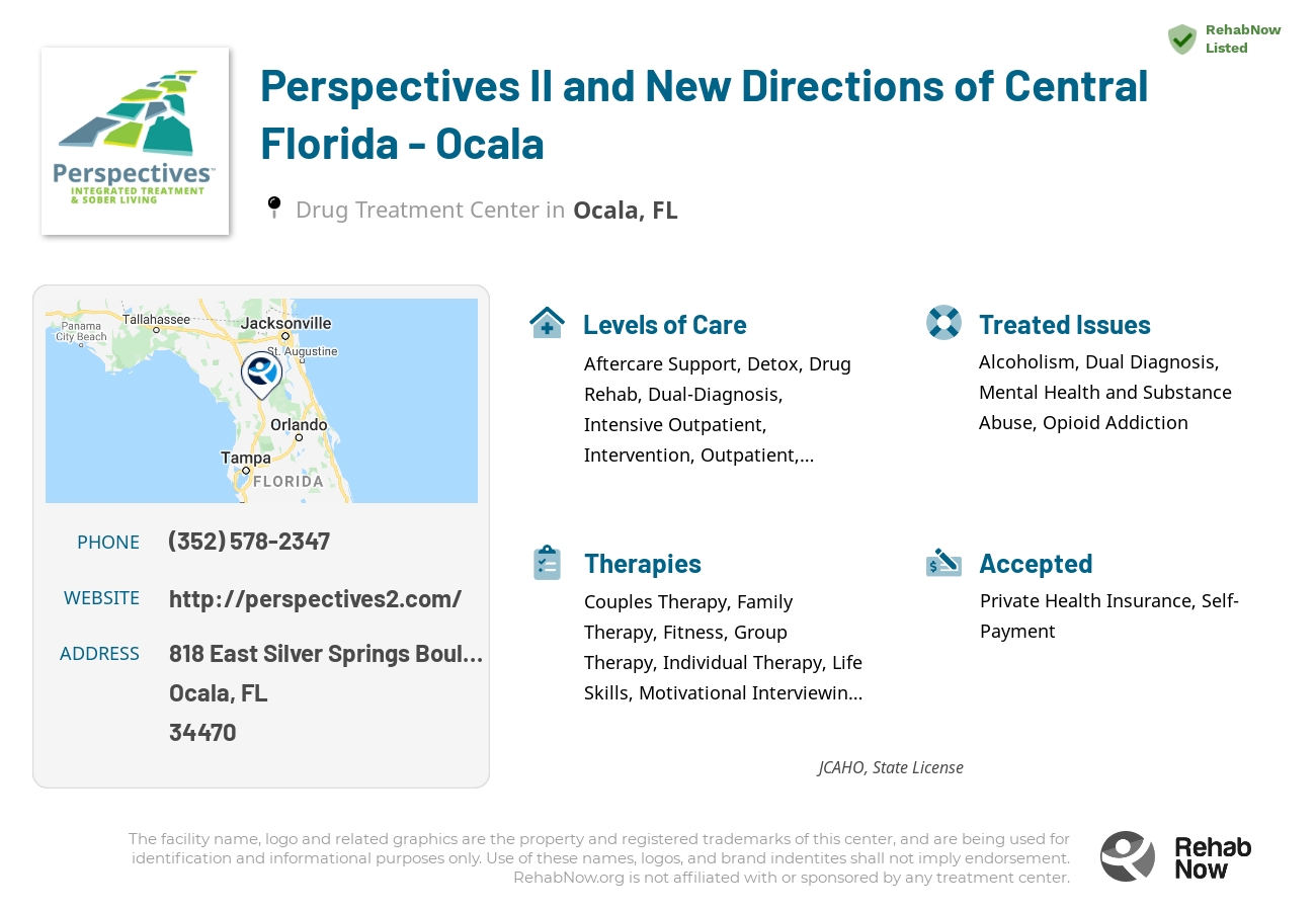 Helpful reference information for Perspectives II and New Directions of Central Florida - Ocala, a drug treatment center in Florida located at: 818 East Silver Springs Boulevard, Ocala, FL, 34470, including phone numbers, official website, and more. Listed briefly is an overview of Levels of Care, Therapies Offered, Issues Treated, and accepted forms of Payment Methods.