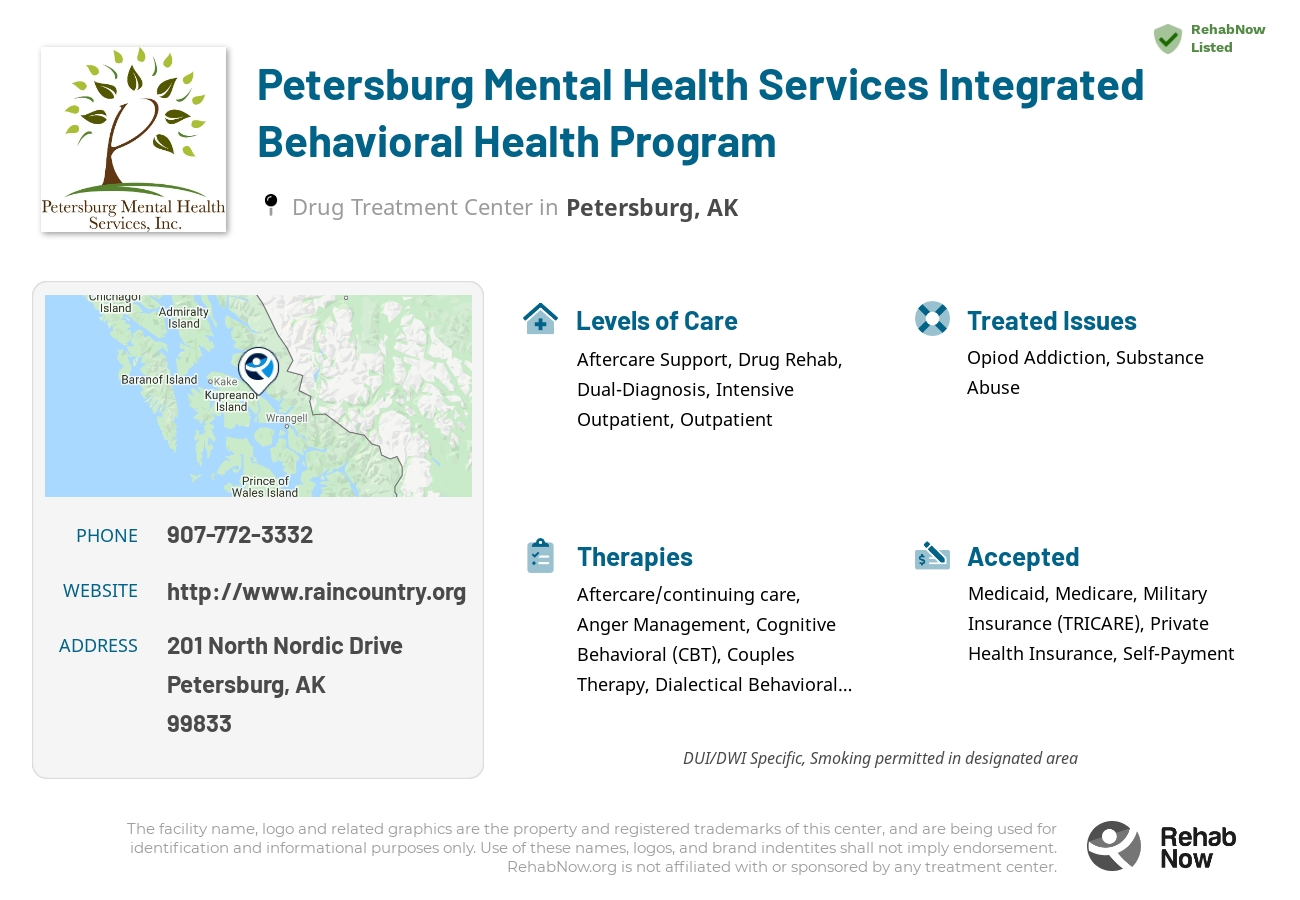 Helpful reference information for Petersburg Mental Health Services Integrated Behavioral Health Program, a drug treatment center in Alaska located at: 201 North Nordic Drive, Petersburg, AK 99833, including phone numbers, official website, and more. Listed briefly is an overview of Levels of Care, Therapies Offered, Issues Treated, and accepted forms of Payment Methods.