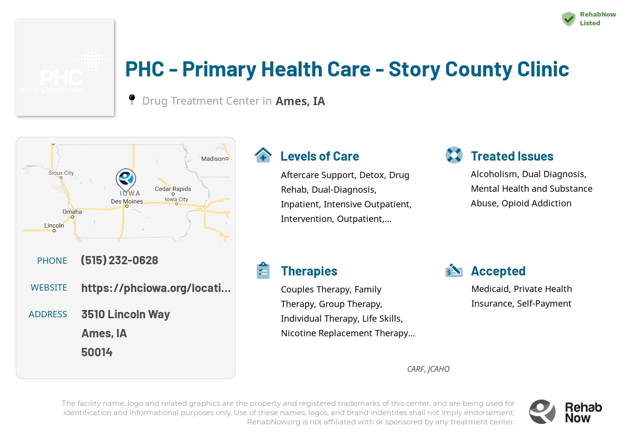 Helpful reference information for PHC - Primary Health Care - Story County Clinic, a drug treatment center in Iowa located at: 3510 Lincoln Way, Ames, IA, 50014, including phone numbers, official website, and more. Listed briefly is an overview of Levels of Care, Therapies Offered, Issues Treated, and accepted forms of Payment Methods.