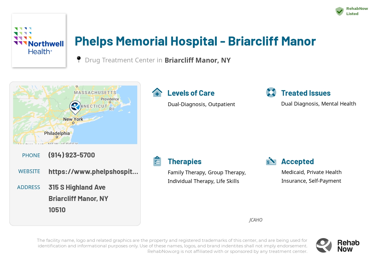 Helpful reference information for Phelps Memorial Hospital - Briarcliff Manor, a drug treatment center in New York located at: 315 S Highland Ave, Briarcliff Manor, NY 10510, including phone numbers, official website, and more. Listed briefly is an overview of Levels of Care, Therapies Offered, Issues Treated, and accepted forms of Payment Methods.