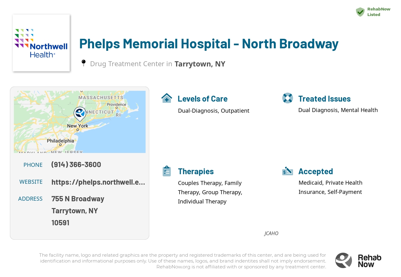 Helpful reference information for Phelps Memorial Hospital - North Broadway, a drug treatment center in New York located at: 755 N Broadway, Tarrytown, NY 10591, including phone numbers, official website, and more. Listed briefly is an overview of Levels of Care, Therapies Offered, Issues Treated, and accepted forms of Payment Methods.