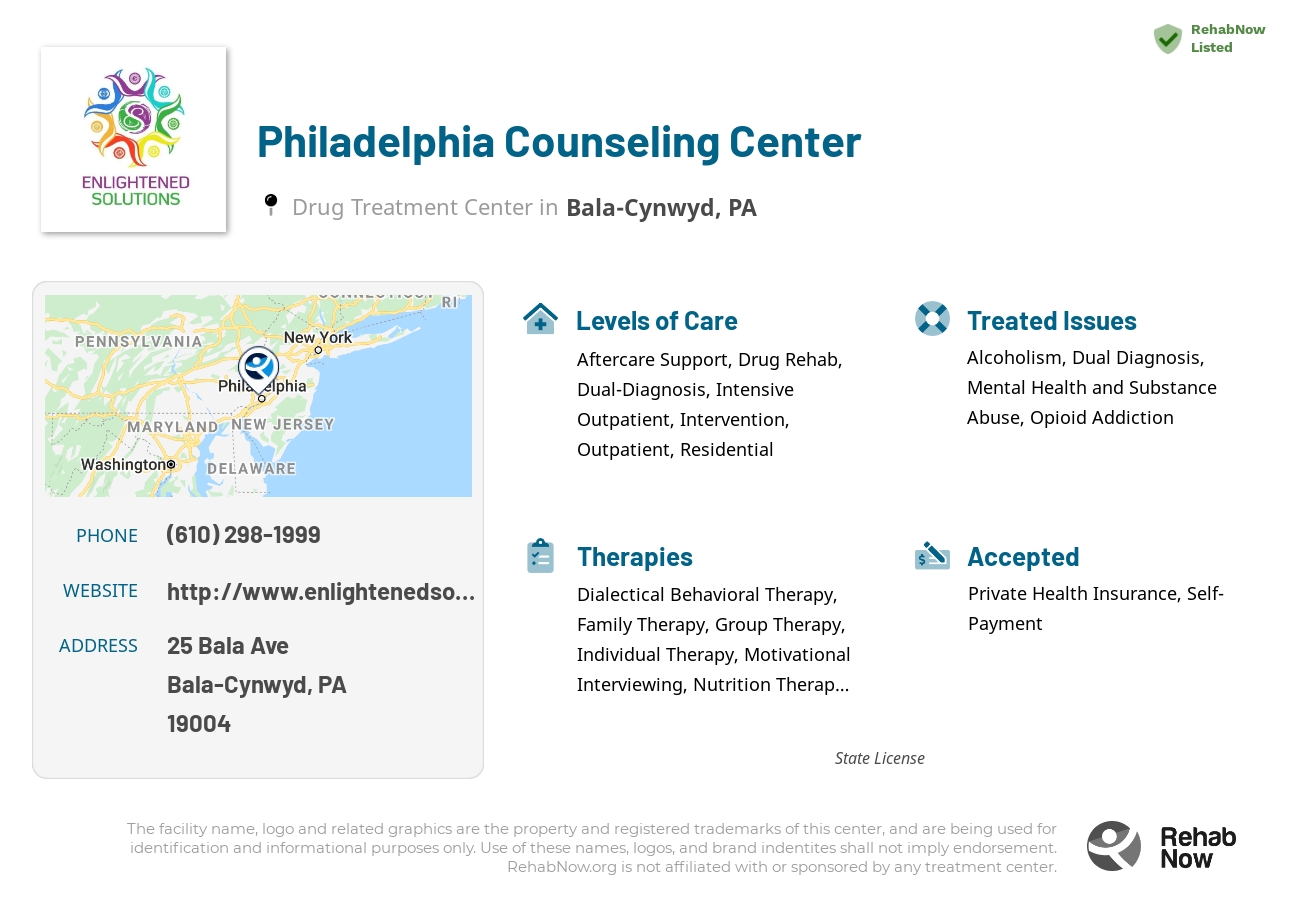 Helpful reference information for Philadelphia Counseling Center, a drug treatment center in Pennsylvania located at: 25 Bala Ave, Bala-Cynwyd, PA 19004, including phone numbers, official website, and more. Listed briefly is an overview of Levels of Care, Therapies Offered, Issues Treated, and accepted forms of Payment Methods.