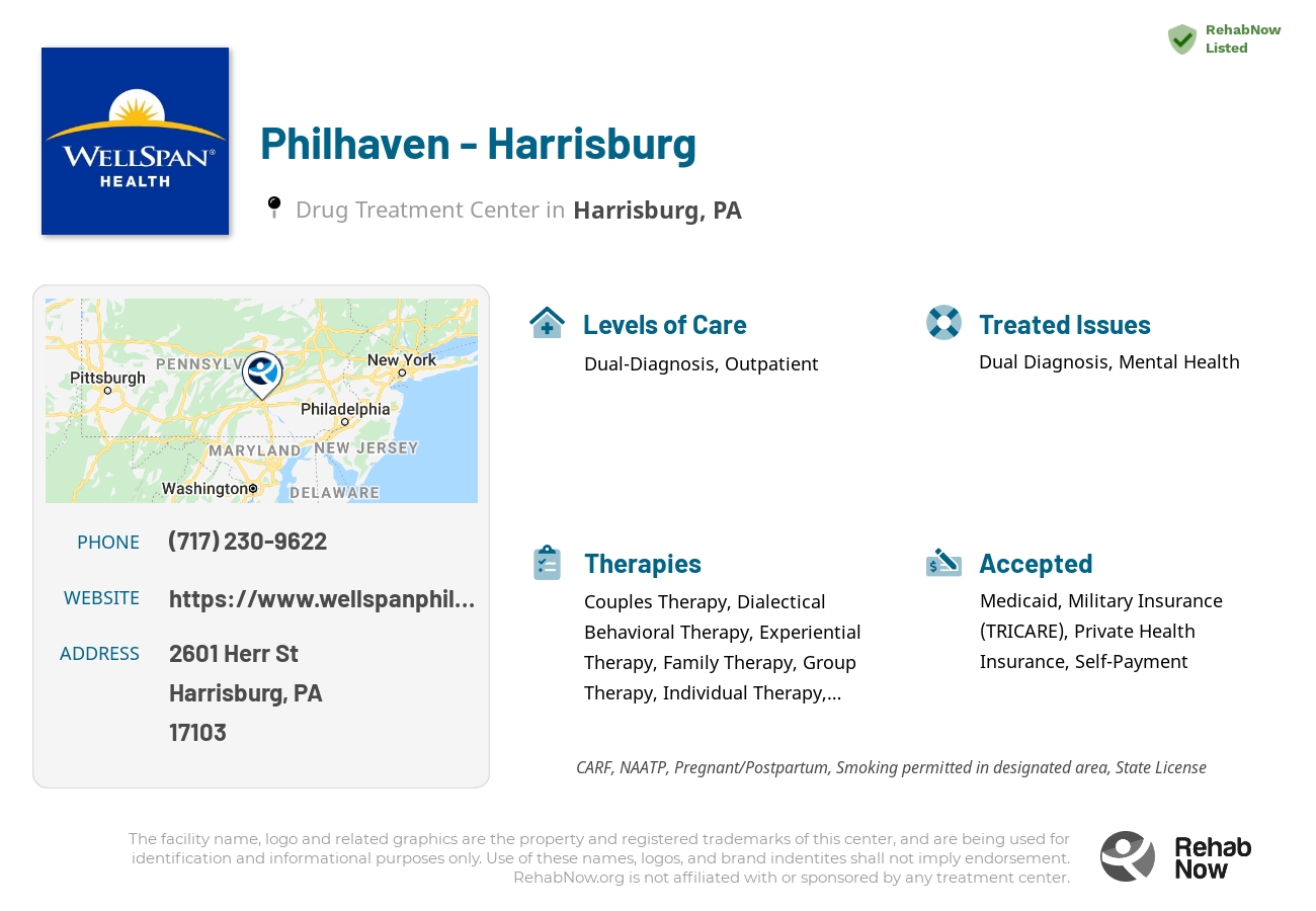 Helpful reference information for Philhaven - Harrisburg, a drug treatment center in Pennsylvania located at: 2601 Herr St, Harrisburg, PA 17103, including phone numbers, official website, and more. Listed briefly is an overview of Levels of Care, Therapies Offered, Issues Treated, and accepted forms of Payment Methods.