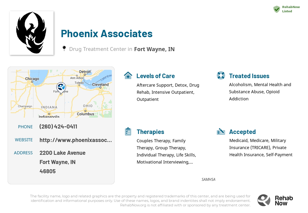 Helpful reference information for Phoenix Associates, a drug treatment center in Indiana located at: 2200 Lake Avenue, Fort Wayne, IN, 46805, including phone numbers, official website, and more. Listed briefly is an overview of Levels of Care, Therapies Offered, Issues Treated, and accepted forms of Payment Methods.