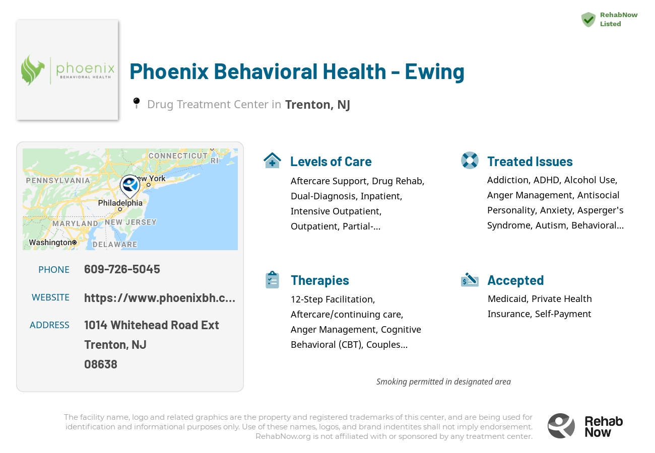 Helpful reference information for Phoenix Behavioral Health - Ewing, a drug treatment center in New Jersey located at: 1014 Whitehead Road Ext, Trenton, NJ 08638, including phone numbers, official website, and more. Listed briefly is an overview of Levels of Care, Therapies Offered, Issues Treated, and accepted forms of Payment Methods.
