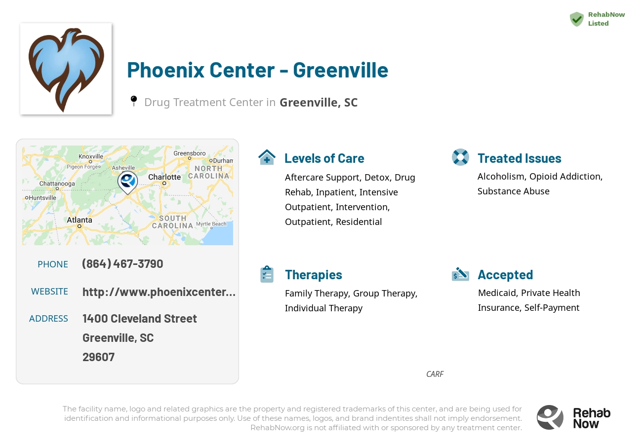 Helpful reference information for Phoenix Center - Greenville, a drug treatment center in South Carolina located at: 1400 1400 Cleveland Street, Greenville, SC 29607, including phone numbers, official website, and more. Listed briefly is an overview of Levels of Care, Therapies Offered, Issues Treated, and accepted forms of Payment Methods.