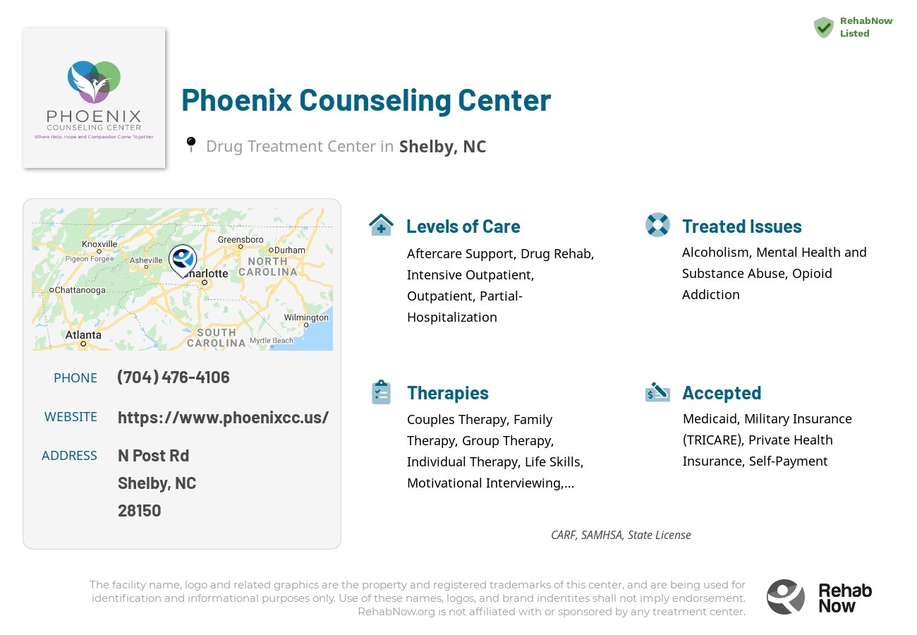 Helpful reference information for Phoenix Counseling Center, a drug treatment center in North Carolina located at: N Post Rd, Shelby, NC 28150, including phone numbers, official website, and more. Listed briefly is an overview of Levels of Care, Therapies Offered, Issues Treated, and accepted forms of Payment Methods.