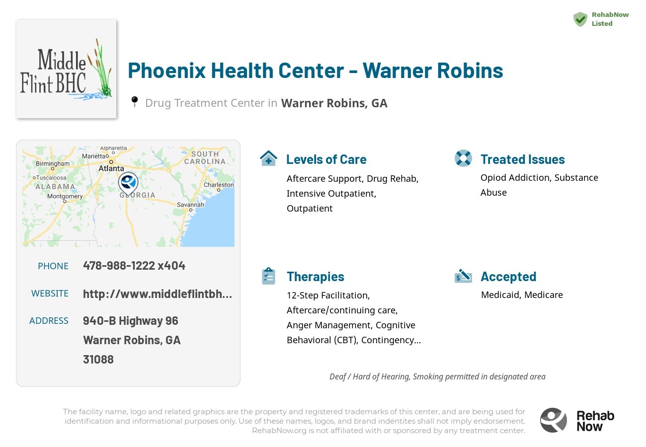 Helpful reference information for Phoenix Health Center - Warner Robins, a drug treatment center in Georgia located at: 940-B Highway 96, Warner Robins, GA 31088, including phone numbers, official website, and more. Listed briefly is an overview of Levels of Care, Therapies Offered, Issues Treated, and accepted forms of Payment Methods.