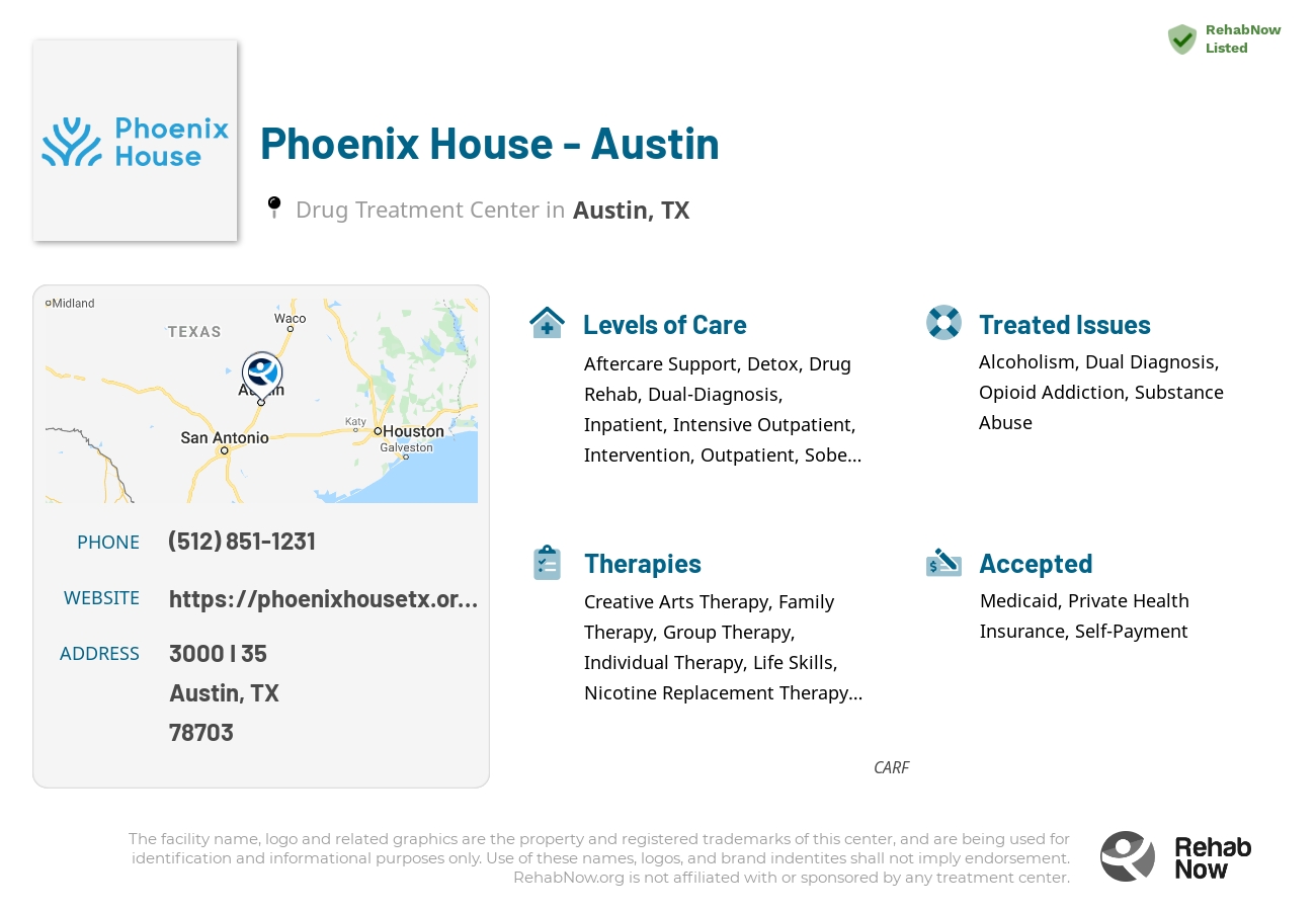 Helpful reference information for Phoenix House - Austin, a drug treatment center in Texas located at: 3000 I 35, Austin, TX 78703, including phone numbers, official website, and more. Listed briefly is an overview of Levels of Care, Therapies Offered, Issues Treated, and accepted forms of Payment Methods.