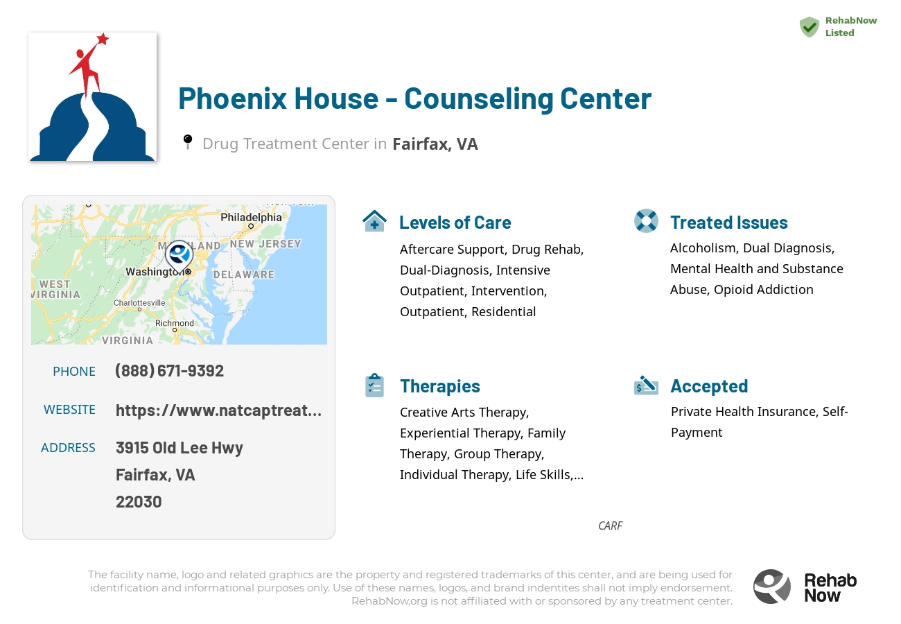 Helpful reference information for Phoenix House - Counseling Center, a drug treatment center in Virginia located at: 3915 Old Lee Hwy, Fairfax, VA 22030, including phone numbers, official website, and more. Listed briefly is an overview of Levels of Care, Therapies Offered, Issues Treated, and accepted forms of Payment Methods.
