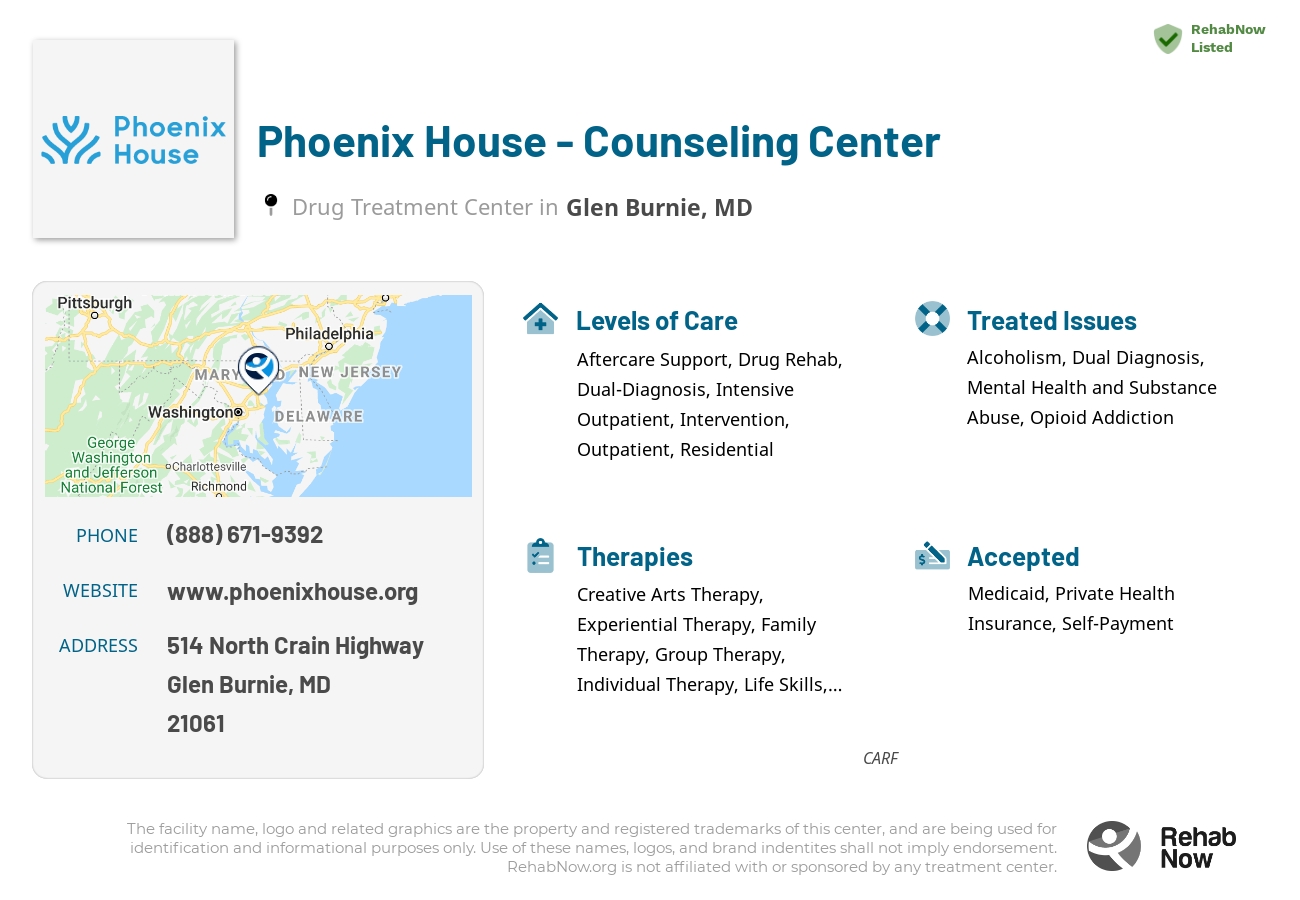 Helpful reference information for Phoenix House - Counseling Center, a drug treatment center in Maryland located at: 514 North Crain Highway, Glen Burnie, MD, 21061, including phone numbers, official website, and more. Listed briefly is an overview of Levels of Care, Therapies Offered, Issues Treated, and accepted forms of Payment Methods.