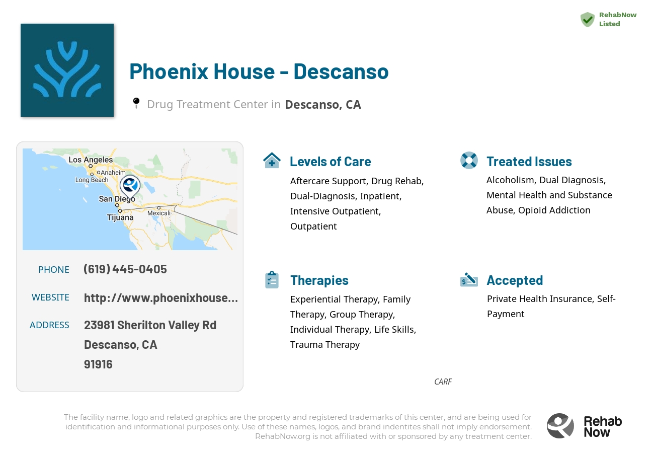 Helpful reference information for Phoenix House - Descanso, a drug treatment center in California located at: 23981 Sherilton Valley Rd, Descanso, CA 91916, including phone numbers, official website, and more. Listed briefly is an overview of Levels of Care, Therapies Offered, Issues Treated, and accepted forms of Payment Methods.