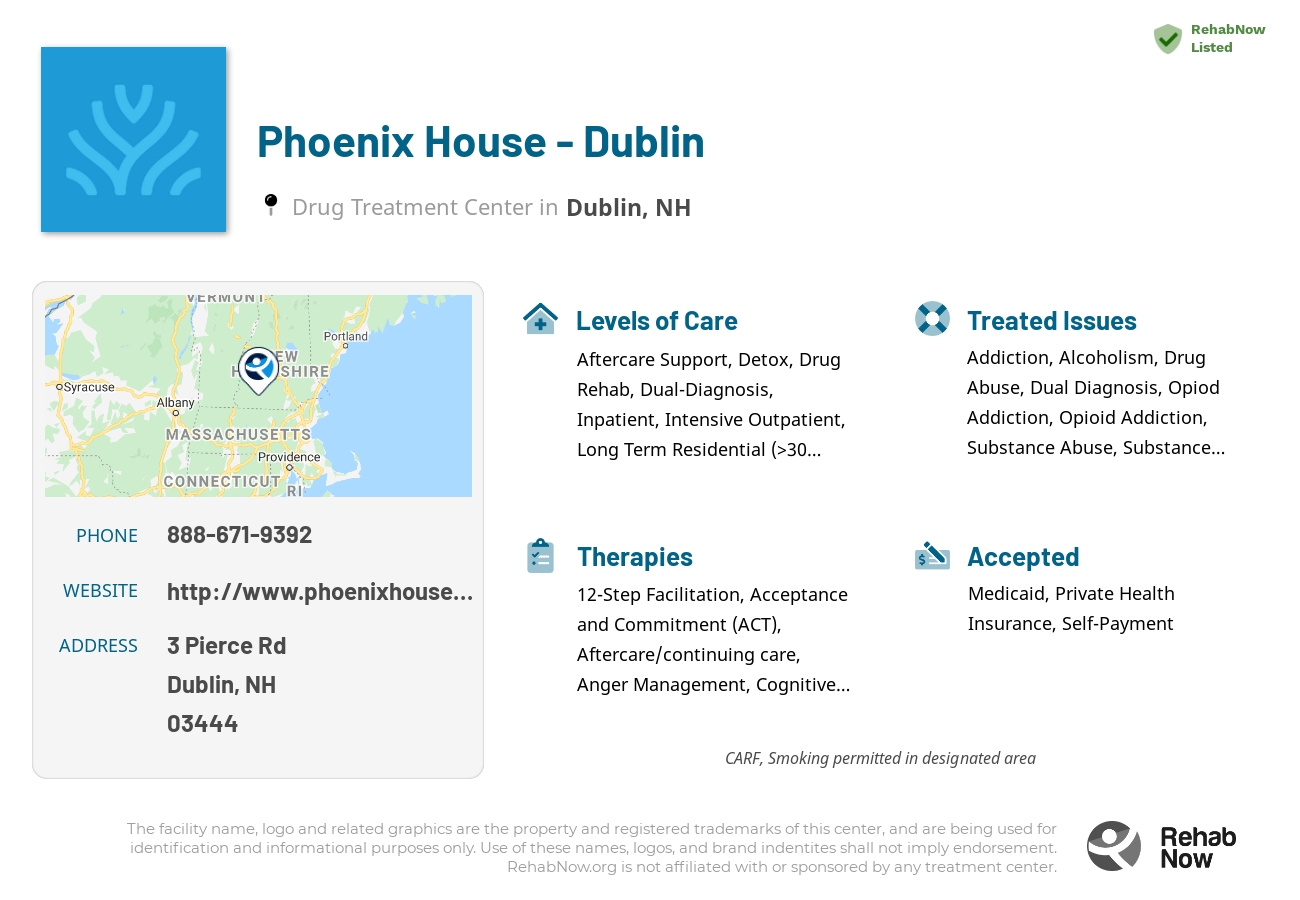 Helpful reference information for Phoenix House - Dublin, a drug treatment center in New Hampshire located at: 3 Pierce Rd, Dublin, NH 03444, including phone numbers, official website, and more. Listed briefly is an overview of Levels of Care, Therapies Offered, Issues Treated, and accepted forms of Payment Methods.