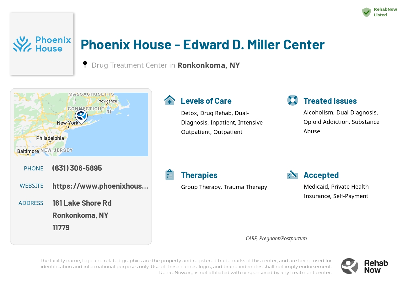 Helpful reference information for Phoenix House - Edward D. Miller Center, a drug treatment center in New York located at: 161 Lake Shore Rd, Ronkonkoma, NY 11779, including phone numbers, official website, and more. Listed briefly is an overview of Levels of Care, Therapies Offered, Issues Treated, and accepted forms of Payment Methods.