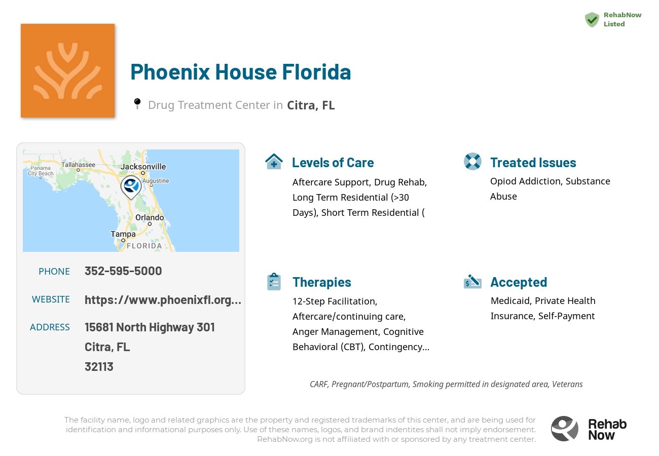 Helpful reference information for Phoenix House Florida, a drug treatment center in Florida located at: 15681 North Highway 301, Citra, FL 32113, including phone numbers, official website, and more. Listed briefly is an overview of Levels of Care, Therapies Offered, Issues Treated, and accepted forms of Payment Methods.
