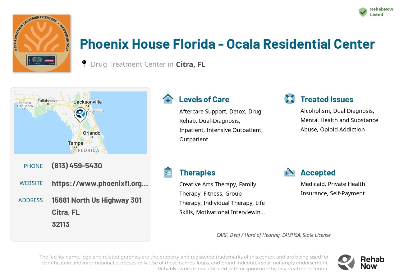 Helpful reference information for Phoenix House Florida - Ocala Residential Center, a drug treatment center in Florida located at: 15681 North Us Highway 301, Citra, FL, 32113, including phone numbers, official website, and more. Listed briefly is an overview of Levels of Care, Therapies Offered, Issues Treated, and accepted forms of Payment Methods.