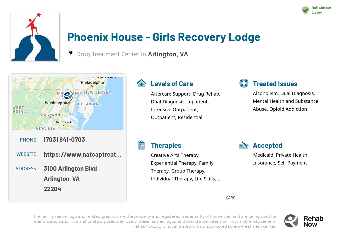 Helpful reference information for Phoenix House - Girls Recovery Lodge, a drug treatment center in Virginia located at: 3100 Arlington Blvd, Arlington, VA 22204, including phone numbers, official website, and more. Listed briefly is an overview of Levels of Care, Therapies Offered, Issues Treated, and accepted forms of Payment Methods.