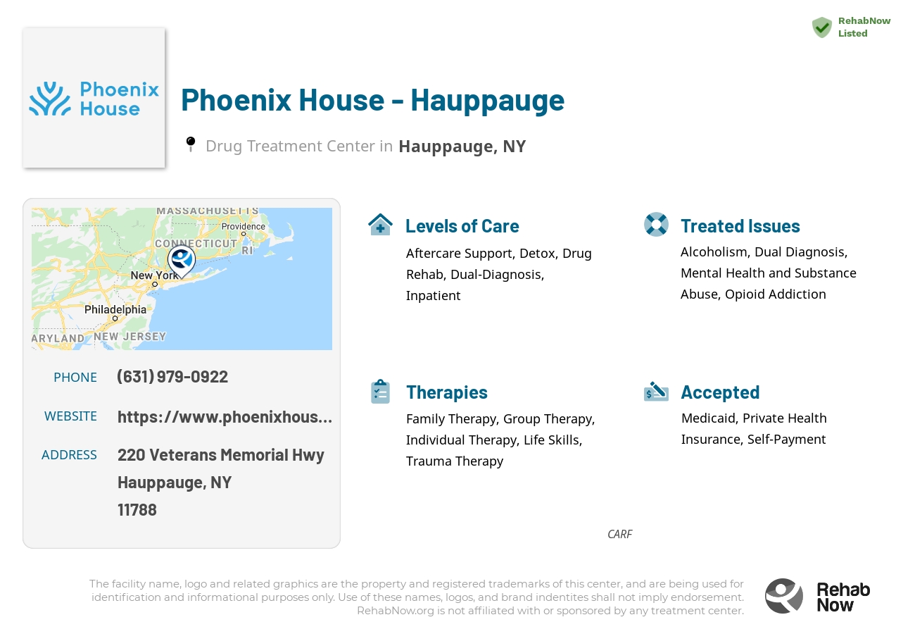Helpful reference information for Phoenix House - Hauppauge, a drug treatment center in New York located at: 220 Veterans Memorial Hwy, Hauppauge, NY 11788, including phone numbers, official website, and more. Listed briefly is an overview of Levels of Care, Therapies Offered, Issues Treated, and accepted forms of Payment Methods.