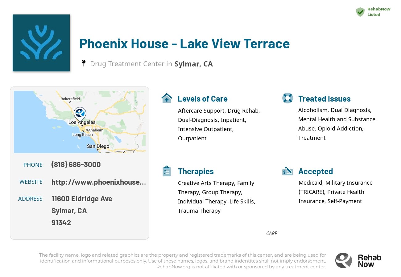 Helpful reference information for Phoenix House - Lake View Terrace, a drug treatment center in California located at: 11600 Eldridge Ave, Sylmar, CA 91342, including phone numbers, official website, and more. Listed briefly is an overview of Levels of Care, Therapies Offered, Issues Treated, and accepted forms of Payment Methods.