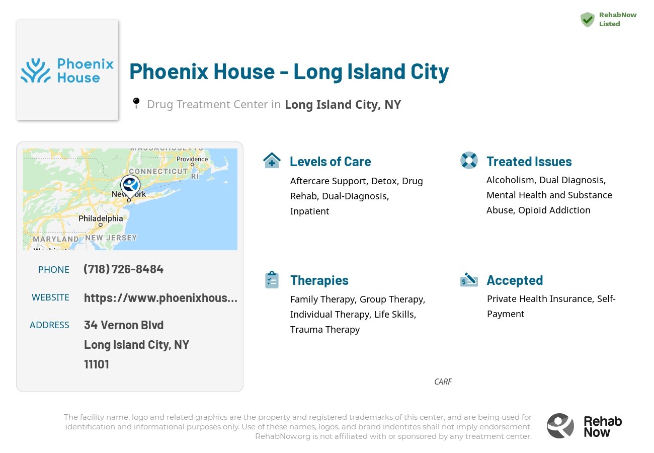 Helpful reference information for Phoenix House - Long Island City, a drug treatment center in New York located at: 34 Vernon Blvd, Long Island City, NY 11101, including phone numbers, official website, and more. Listed briefly is an overview of Levels of Care, Therapies Offered, Issues Treated, and accepted forms of Payment Methods.