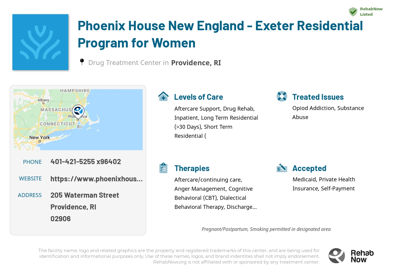 Helpful reference information for Phoenix House New England - Exeter Residential Program for Women, a drug treatment center in Rhode Island located at: 205 Waterman Street, Providence, RI 02906, including phone numbers, official website, and more. Listed briefly is an overview of Levels of Care, Therapies Offered, Issues Treated, and accepted forms of Payment Methods.
