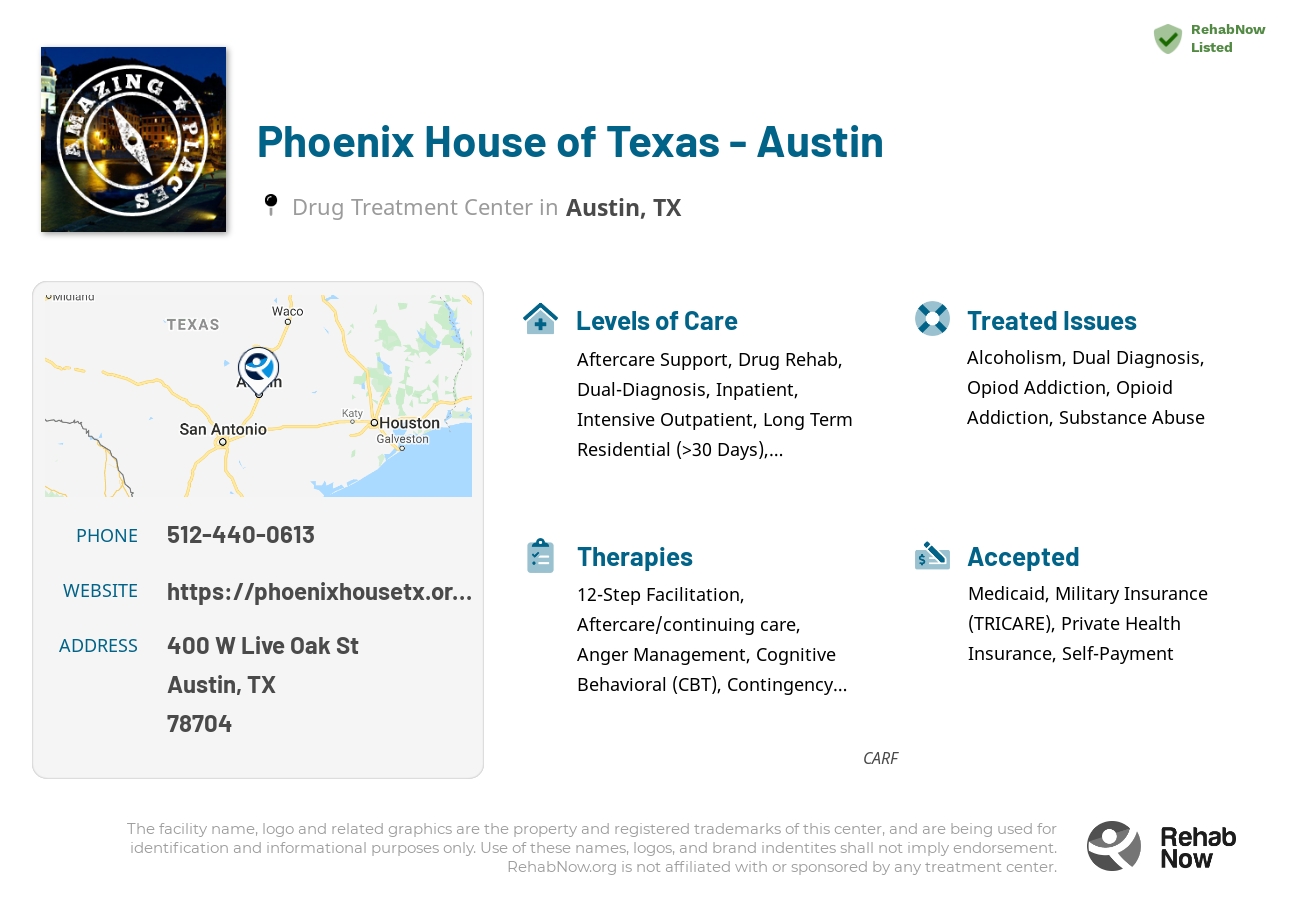 Helpful reference information for Phoenix House of Texas - Austin, a drug treatment center in Texas located at: 400 W Live Oak St, Austin, TX, 78704, including phone numbers, official website, and more. Listed briefly is an overview of Levels of Care, Therapies Offered, Issues Treated, and accepted forms of Payment Methods.