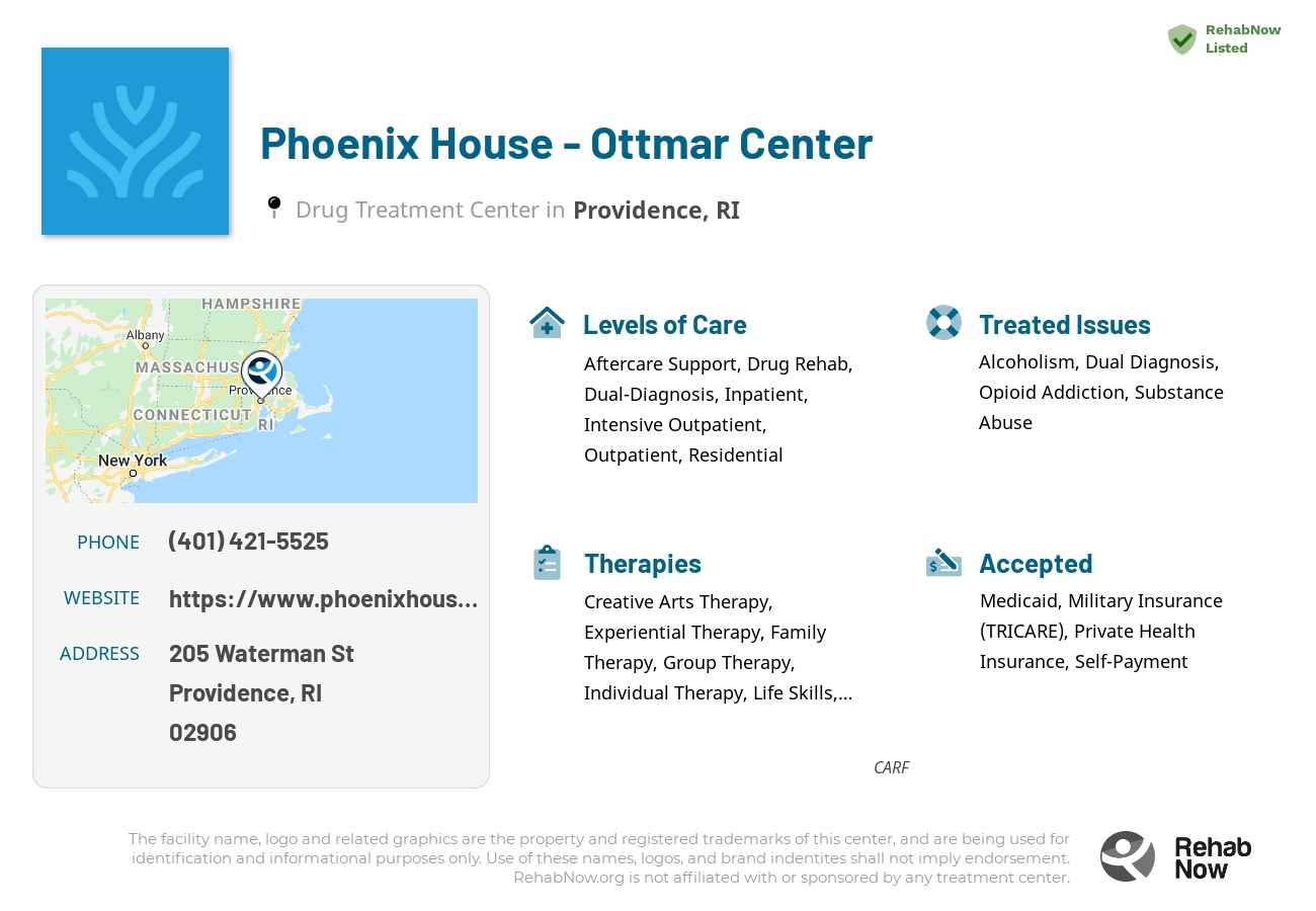 Helpful reference information for Phoenix House - Ottmar Center, a drug treatment center in Rhode Island located at: 205 Waterman St, Providence, RI 02906, including phone numbers, official website, and more. Listed briefly is an overview of Levels of Care, Therapies Offered, Issues Treated, and accepted forms of Payment Methods.