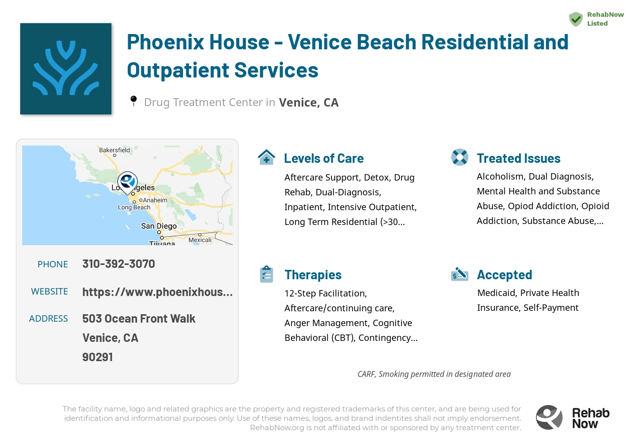 Helpful reference information for Phoenix House - Venice Beach Residential and Outpatient Services, a drug treatment center in California located at: 503 Ocean Front Walk, Venice, CA 90291, including phone numbers, official website, and more. Listed briefly is an overview of Levels of Care, Therapies Offered, Issues Treated, and accepted forms of Payment Methods.