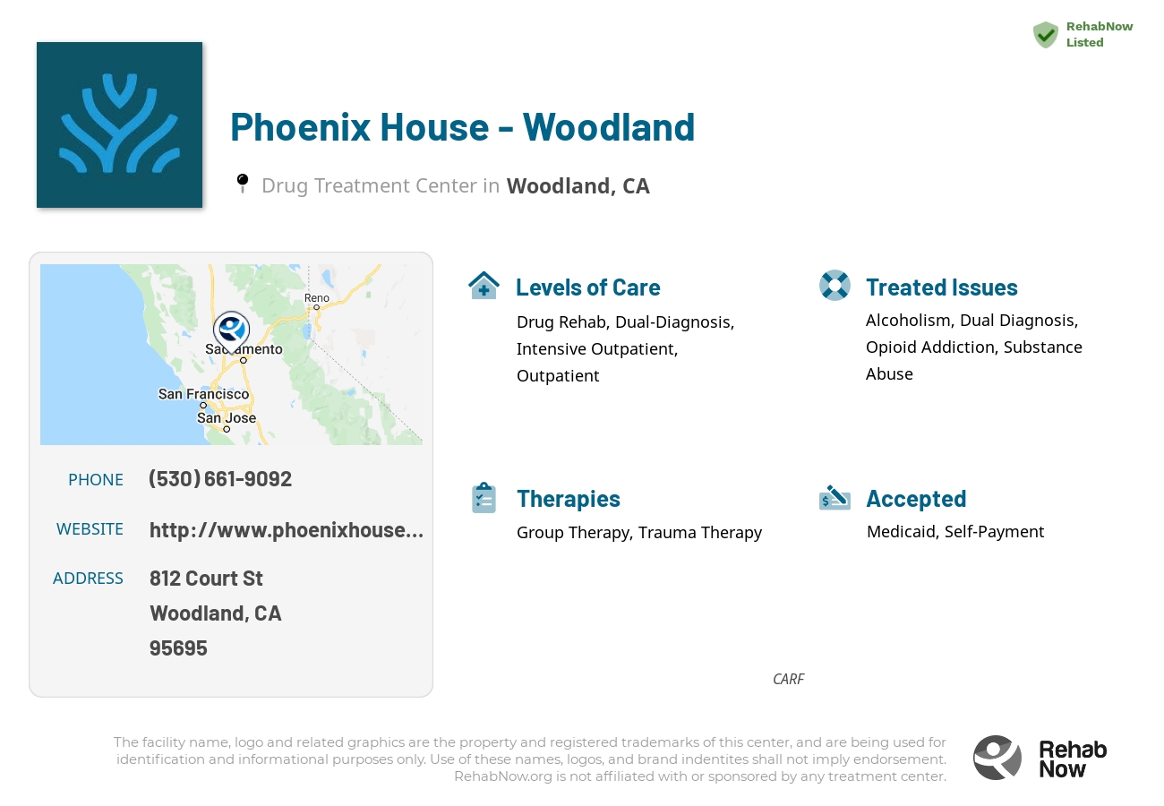 Helpful reference information for Phoenix House - Woodland, a drug treatment center in California located at: 812 Court St, Woodland, CA 95695, including phone numbers, official website, and more. Listed briefly is an overview of Levels of Care, Therapies Offered, Issues Treated, and accepted forms of Payment Methods.