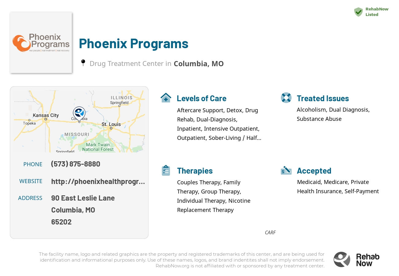 Helpful reference information for Phoenix Programs, a drug treatment center in Missouri located at: 90 East Leslie Lane, Columbia, MO, 65202, including phone numbers, official website, and more. Listed briefly is an overview of Levels of Care, Therapies Offered, Issues Treated, and accepted forms of Payment Methods.
