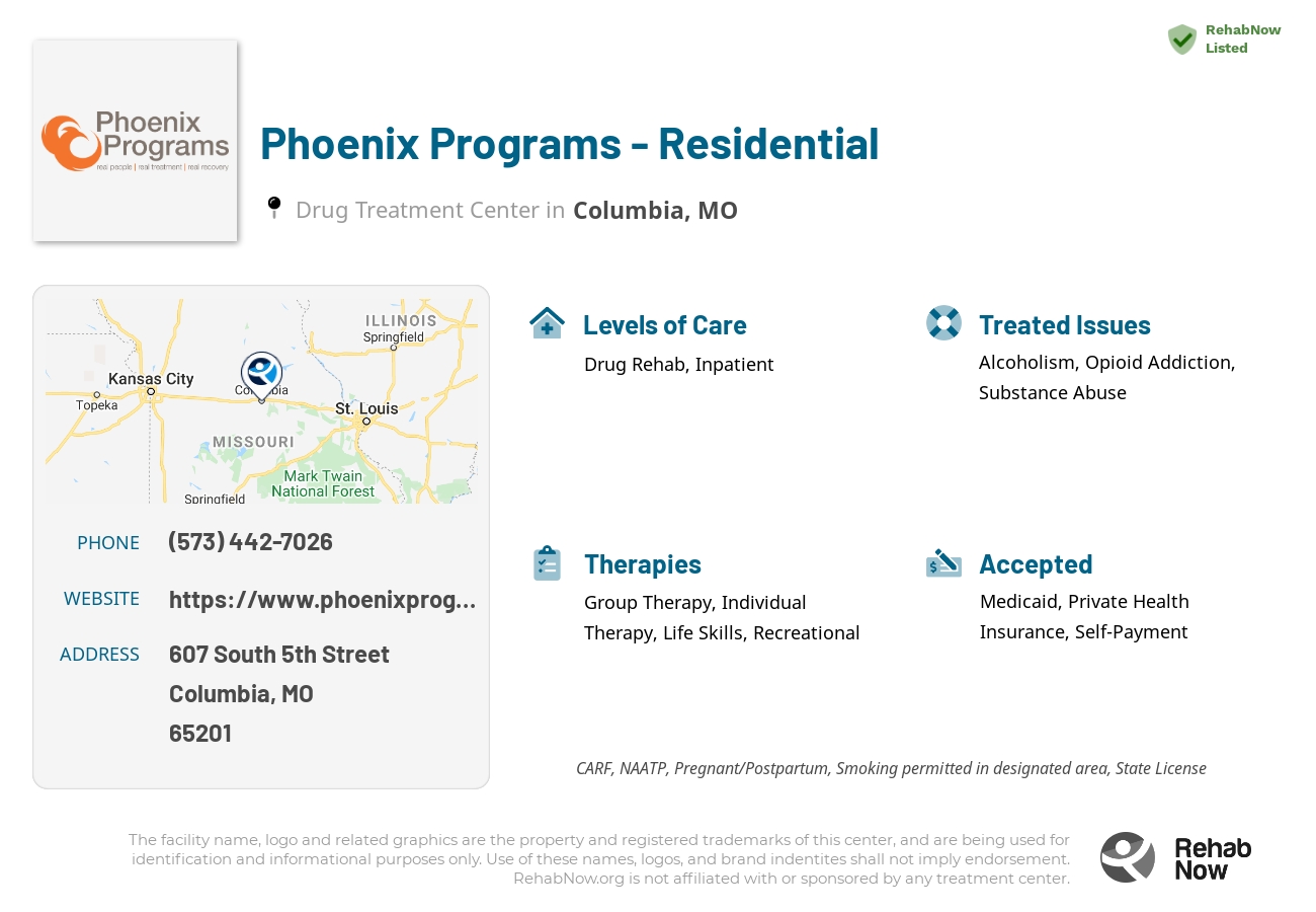 Helpful reference information for Phoenix Programs - Residential, a drug treatment center in Missouri located at: 607 607 South 5th Street, Columbia, MO 65201, including phone numbers, official website, and more. Listed briefly is an overview of Levels of Care, Therapies Offered, Issues Treated, and accepted forms of Payment Methods.