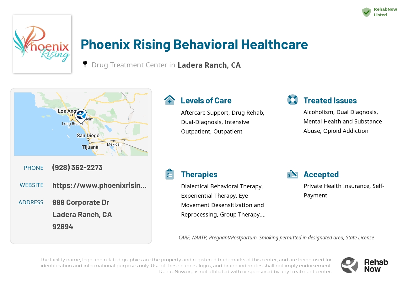 Helpful reference information for Phoenix Rising Behavioral Healthcare, a drug treatment center in California located at: 999 Corporate Dr, Ladera Ranch, CA 92694, including phone numbers, official website, and more. Listed briefly is an overview of Levels of Care, Therapies Offered, Issues Treated, and accepted forms of Payment Methods.