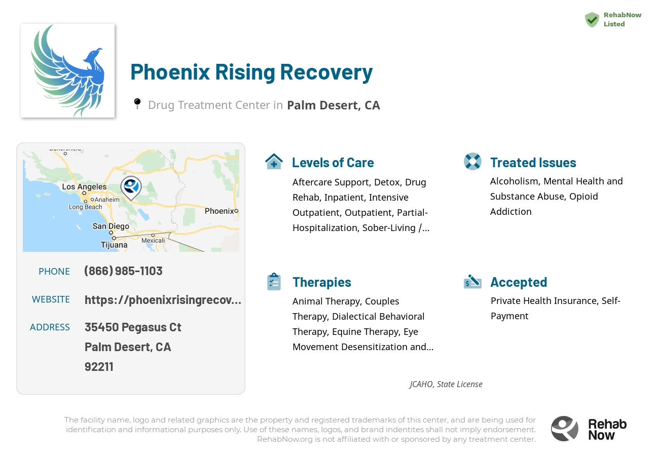 Helpful reference information for Phoenix Rising Recovery, a drug treatment center in California located at: 35450 Pegasus Ct, Palm Desert, CA 92211, including phone numbers, official website, and more. Listed briefly is an overview of Levels of Care, Therapies Offered, Issues Treated, and accepted forms of Payment Methods.